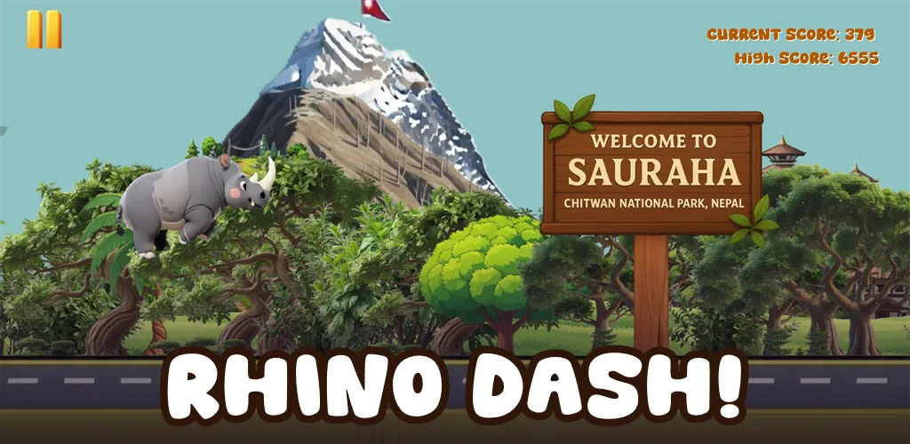 RhinoDash feature graphic: a rickshaw racing past a rhino in Sauraha