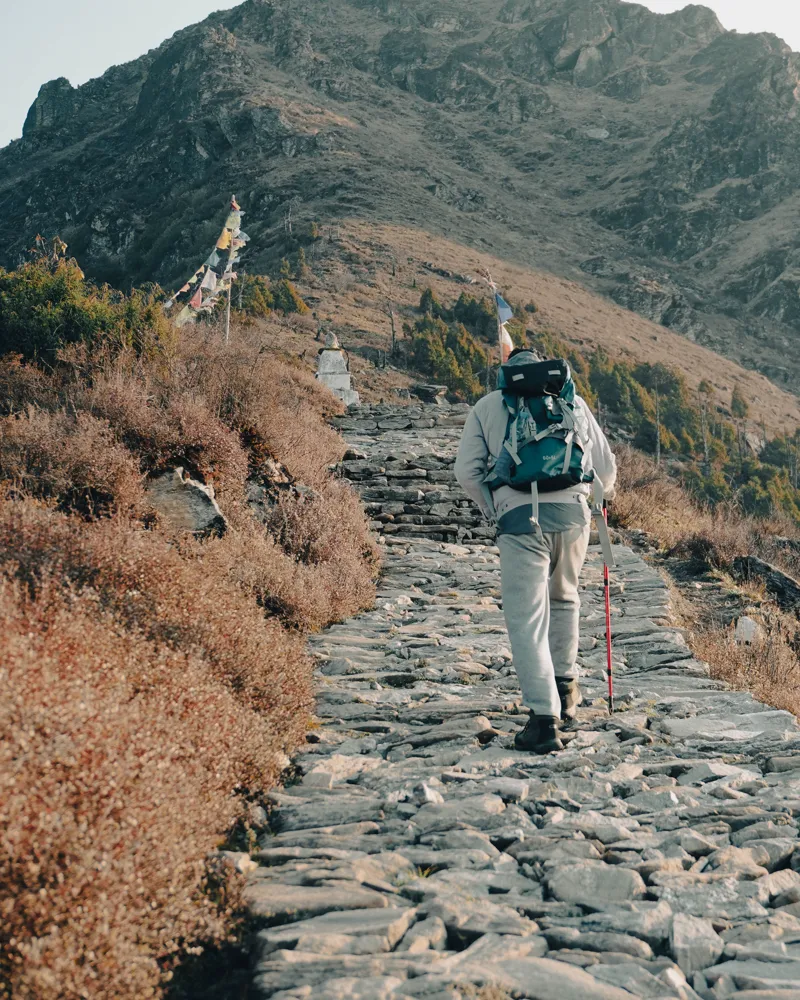 prayer flags and stone path - panch pokhari